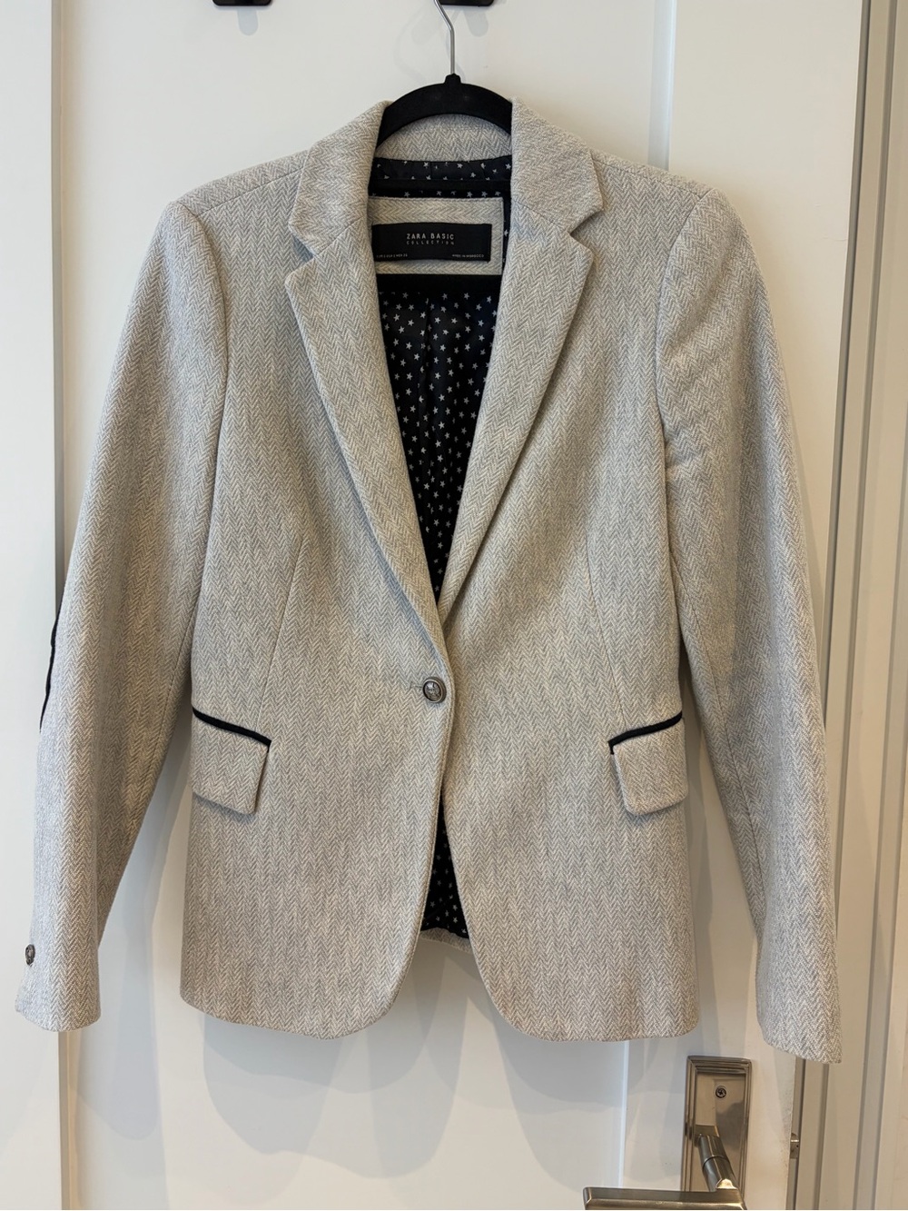 Zara Light Gray Herringbone Blazer with Black Trim